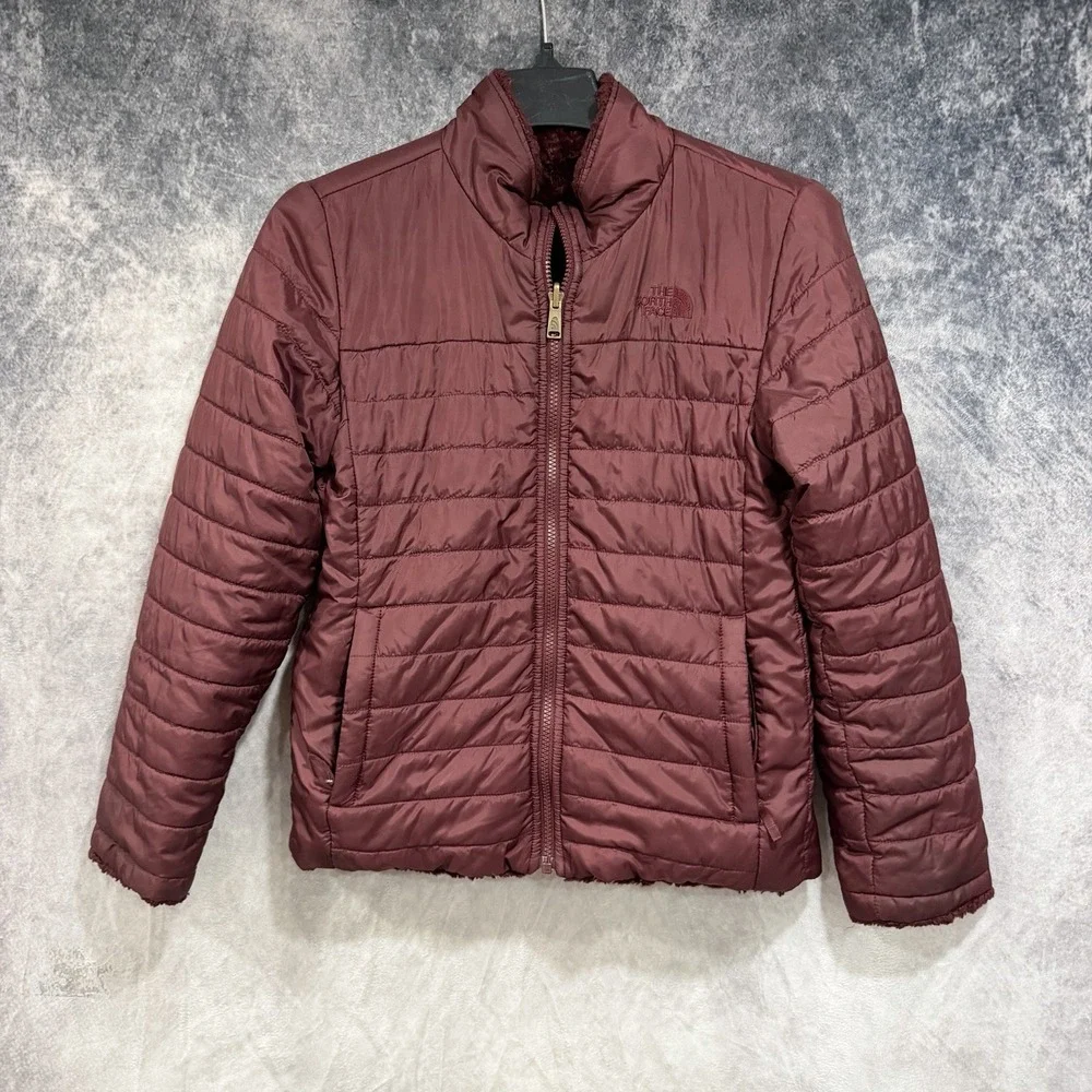 The North Face Girls L Reversible Faux Fur Quilted Coat Full Zip Burgundy